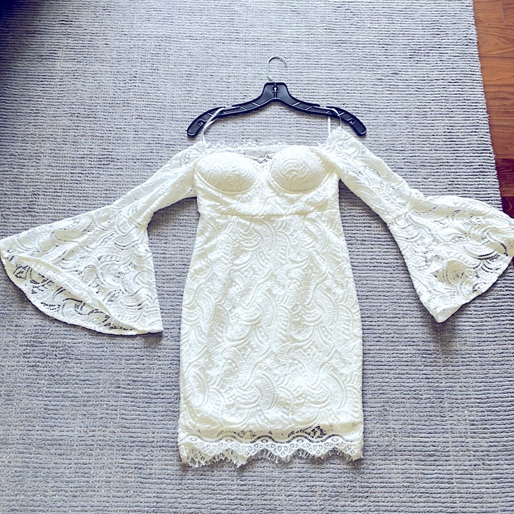 White, lace, off-shoulder, bell sleeves — bachelorette party dress (small)